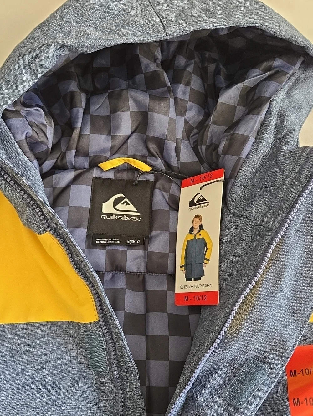 Quiksilver Youth Kids Blue Yellow Checkerboard Lined Hooded Parka Puffer Jacket